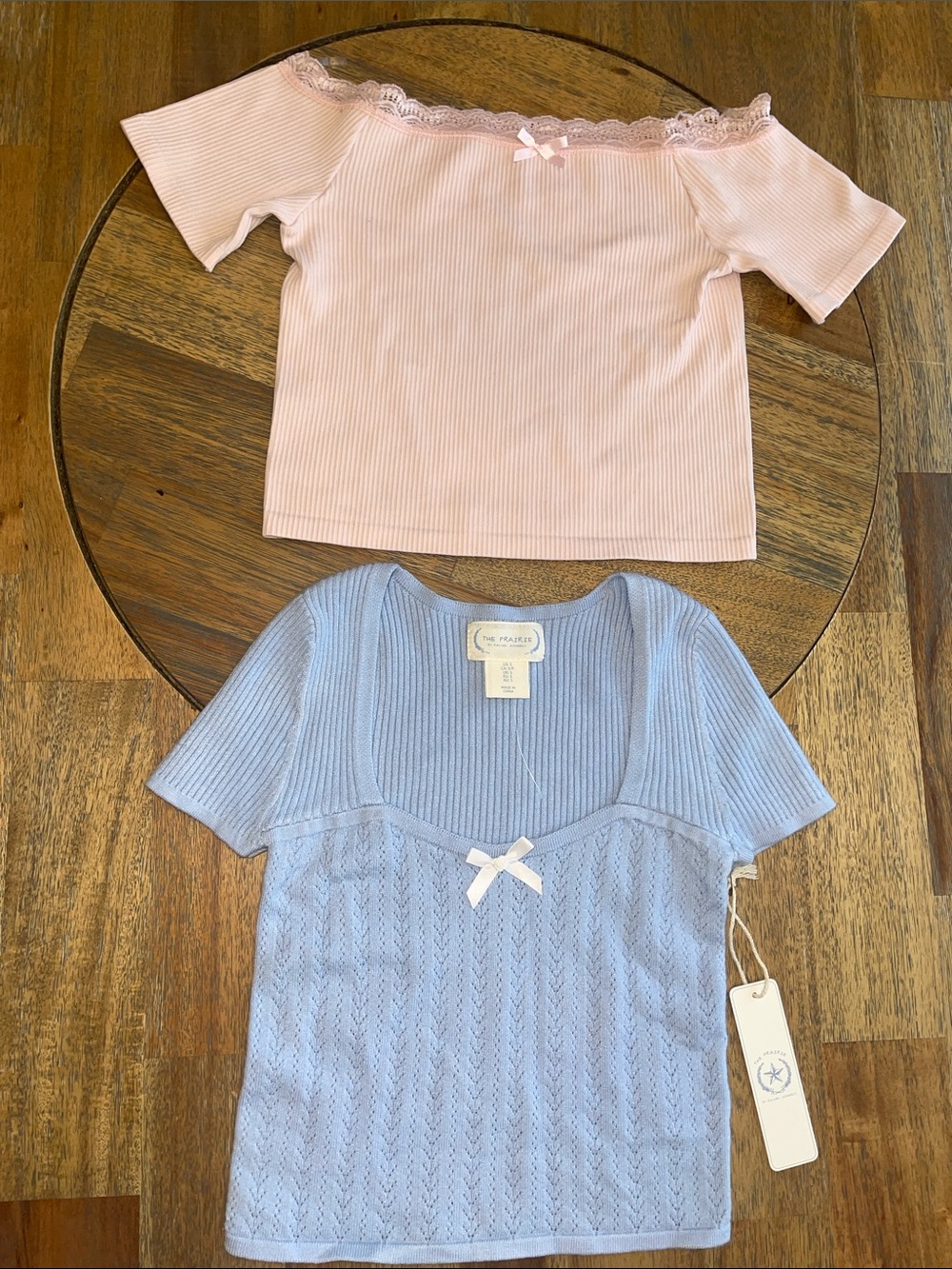 Cropped Lace-Trim Pink Off-Shoulder Top & Blue Knit Bow Cropped Sweater